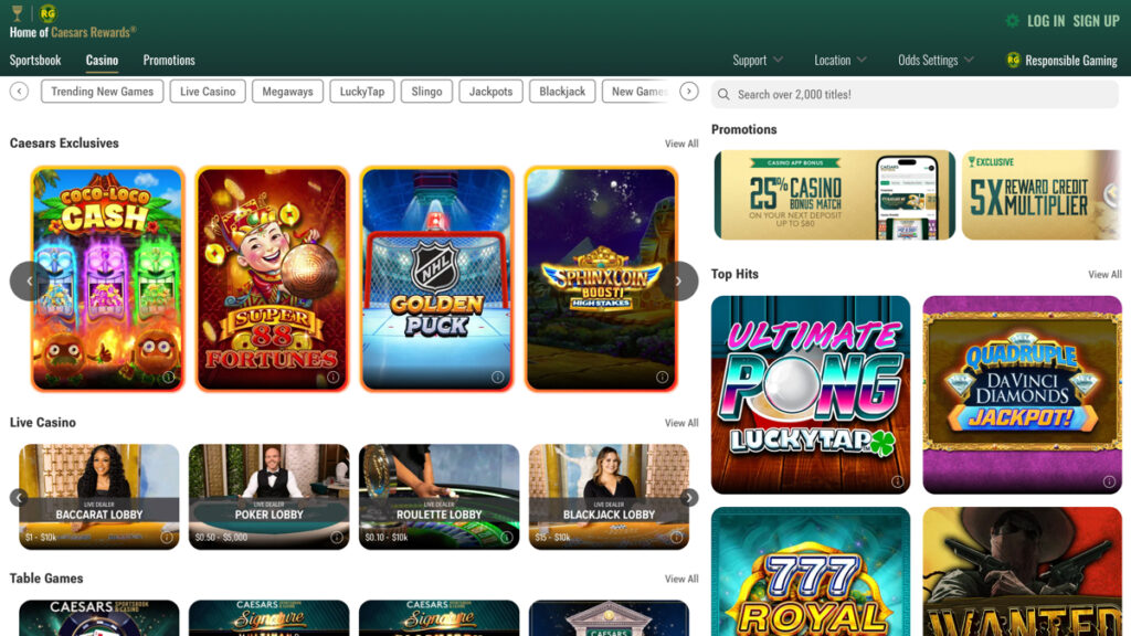 Casino section of the Caesars Sportsbook website with slots and table games