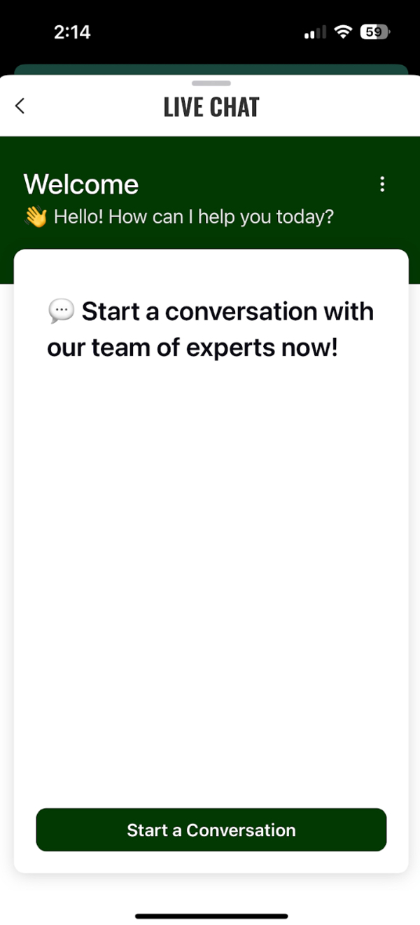 Caesars Sportsbook app showing the live chat support screen