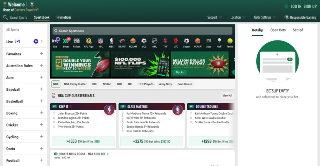 Caesars Sportsbook desktop website showing the main homepage