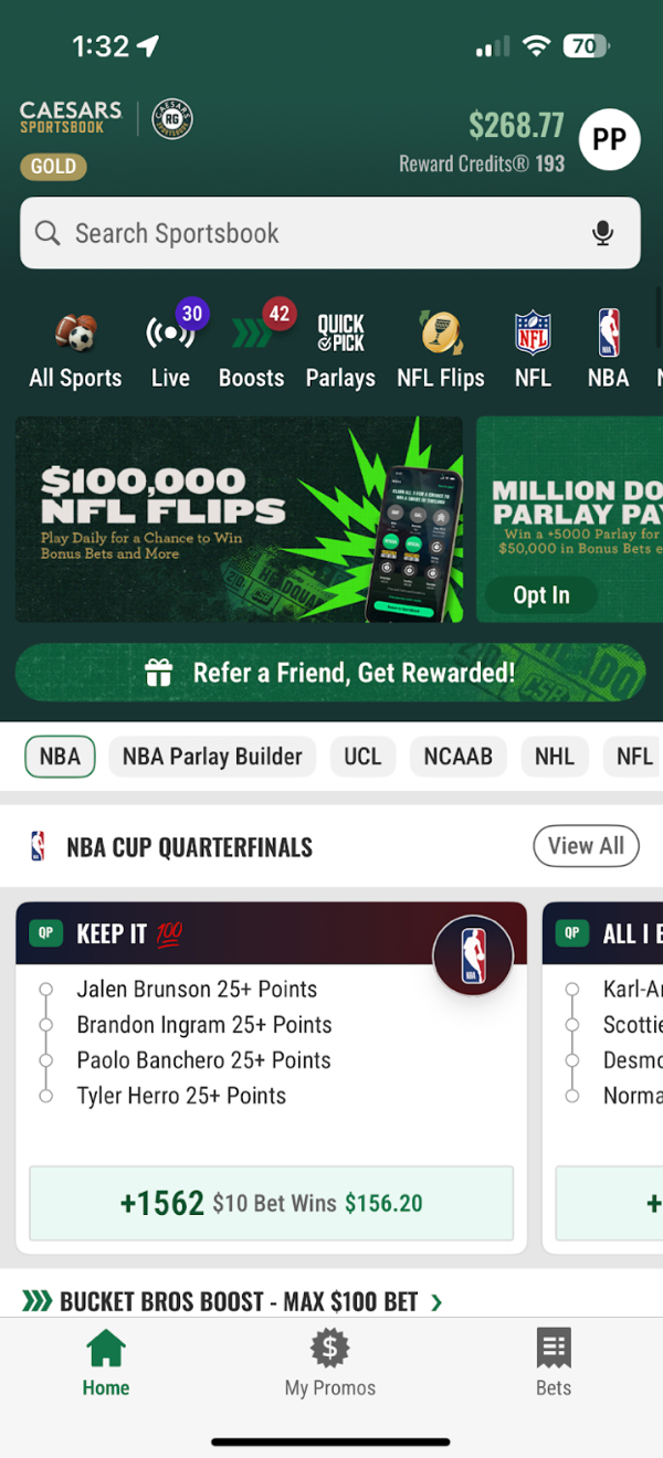 Caesars Sportsbook app homepage showing popular betting markets and current promos