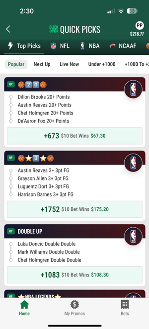 Caesars Sportsbook Quick Picks showing premade parlay options