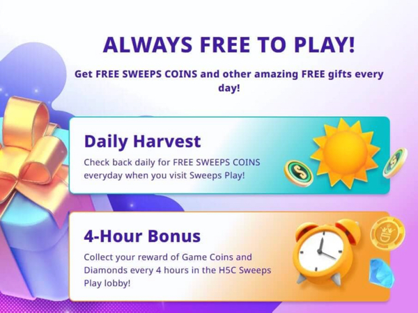 High 5 Casino login bonus breakdown showing the Daily Harvest and 4-Hour Bonus rewards