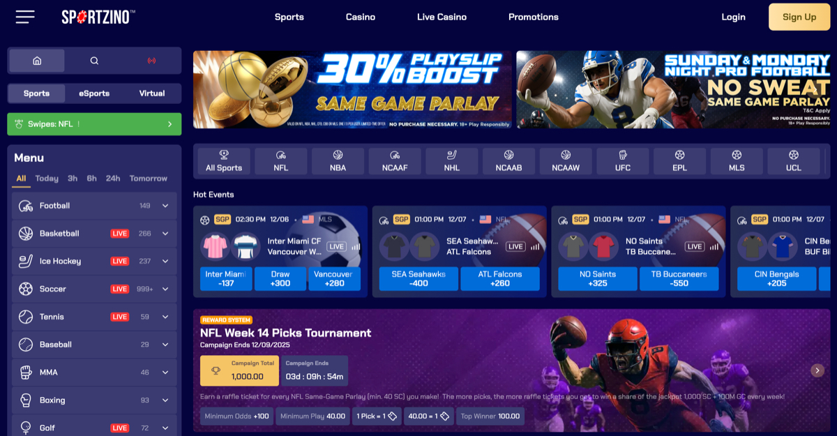 Sportzino website showing sports markets and ongoing promotions