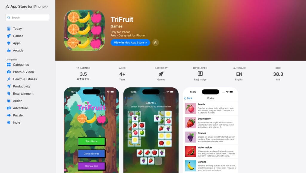 iOS App Store preview showing the TriFruit app used for Ultra Panda mobile gameplay