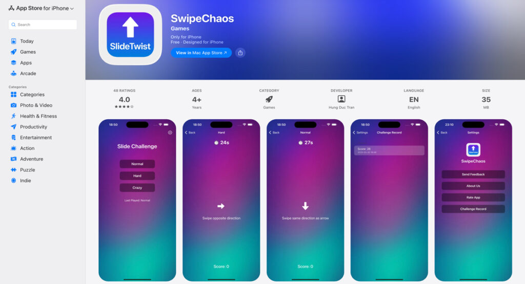 iOS App Store preview of SwipeChaos, which is used for Vblink 777 casino gameplay