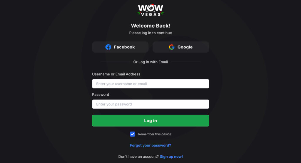 WOW Vegas login showing email, Facebook, and Google sign-in options