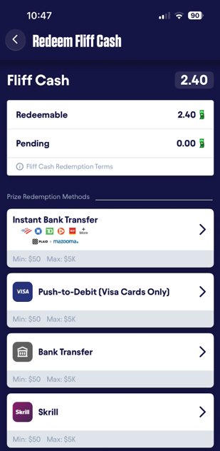 Fliff prize redemption screen with multiple cash-out methods listed