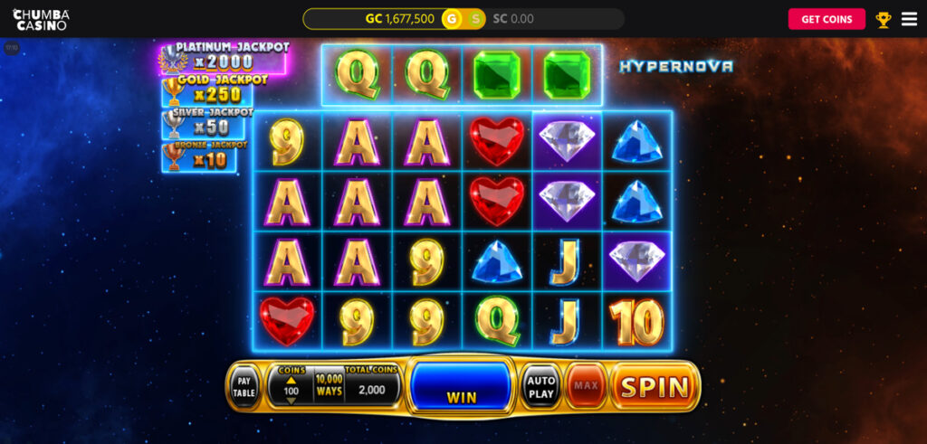 Hypernova slot game being played on the Chumba Casino website
