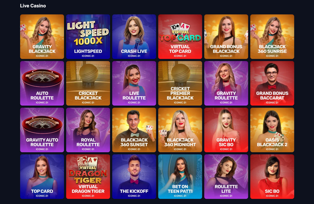 Live casino section on the Legendz website