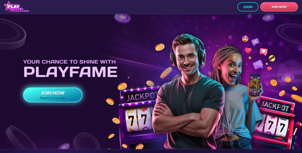 PlayFame Casino homepage showing a "Join Now" button
