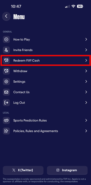 Fliff app menu showing the Redeem Fliff Cash option outlined in red