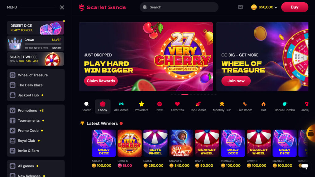 Desktop view of the Scarlet Sands Casino lobby on MacBook