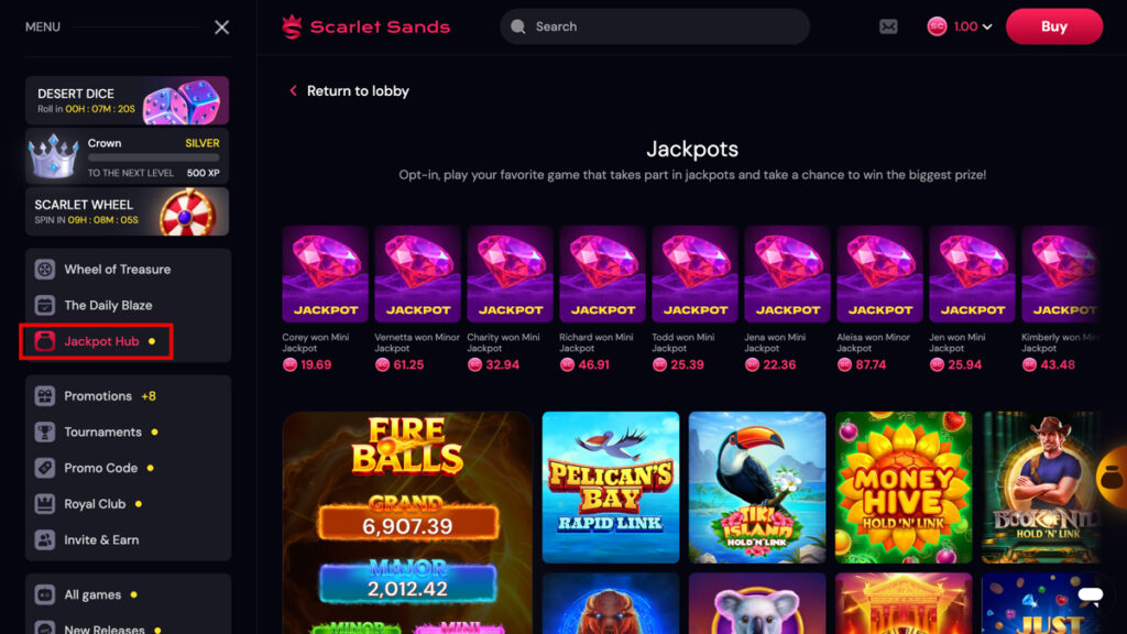 Scarlet Sands Jackpot Hub showing recent winners, eligible games, opt-in amounts, and jackpot tiers