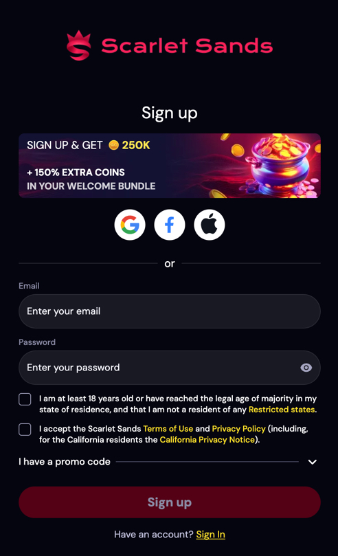 Scarlet Sands Casino sign-up page showing the registration form and login options