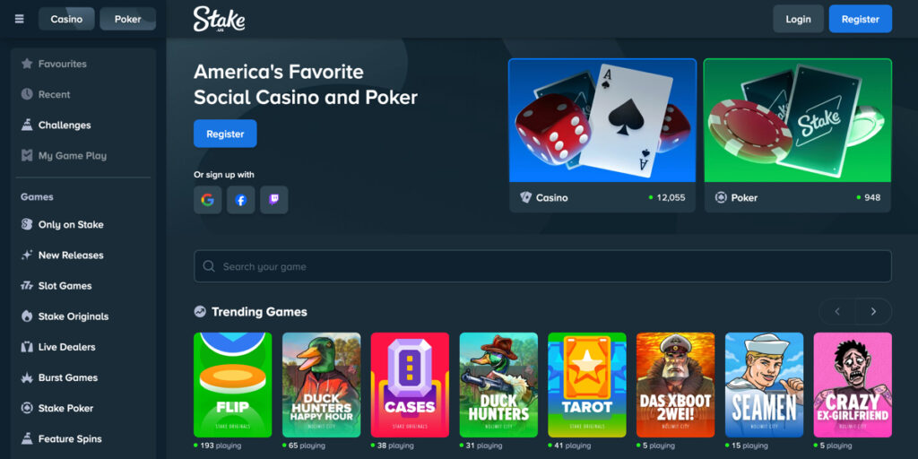 Stake.us website lobby on desktop with game categories and navigation menu