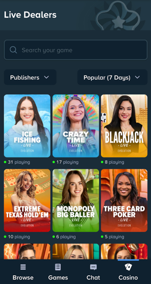 Live dealer casino games available on the Stake.us mobile app