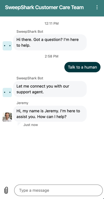 SweepShark live chat message from customer support