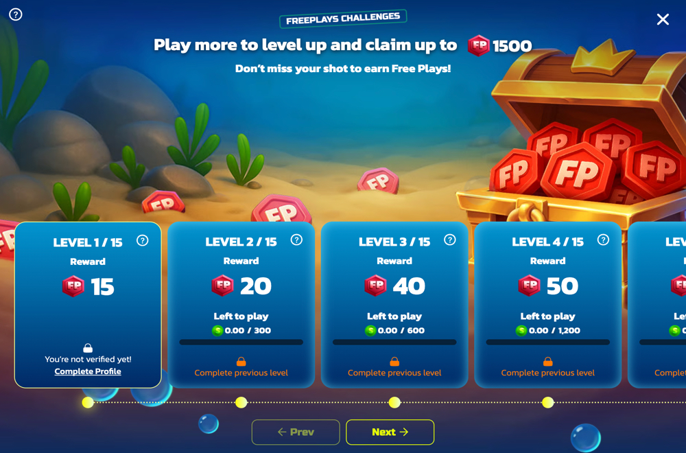 SweepShark FreePlay Challenges progress screen showing level milestones and unlocked free plays