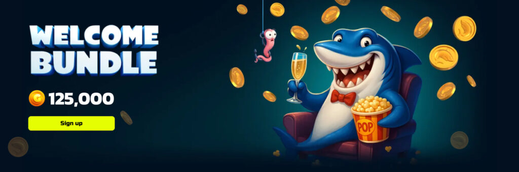 SweepShark no deposit bonus showing 125,000 Gold Coins awarded at sign-up