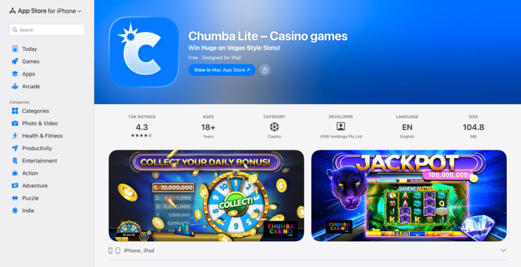 Chumba Casino mobile app preview for iOS devices