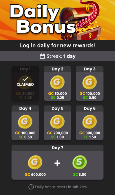 Weekly calendar for Chumba's daily login bonus