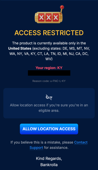BankRolla pop-up notification shown when a player attempts to access the site from a restricted state