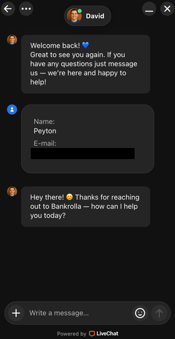BankRolla Casino live chat conversation with support agent David