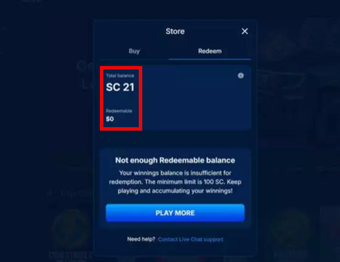 BankRolla account screen showing total Sweeps Coin balance and redeemable SC amount