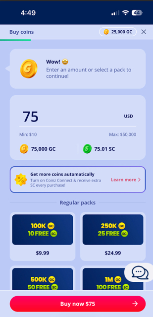 Coinz.us coin purchase screen with preset packages and custom purchase option
