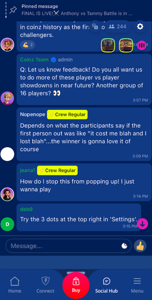 Coinz.us Crew Chat with player messages and responses