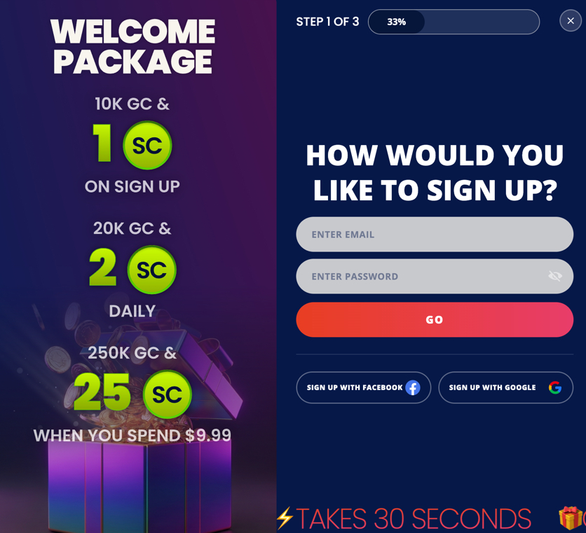 Coinz.us welcome package showing no-deposit bonus, first-purchase bonus, and daily login reward
