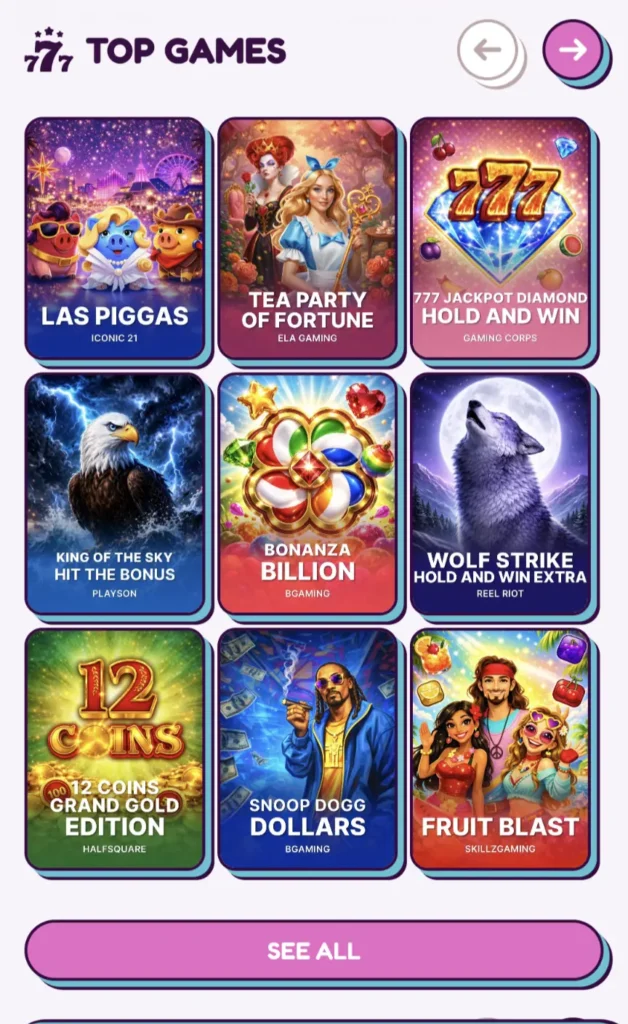 Sweet Sweeps games library showing casino-style games