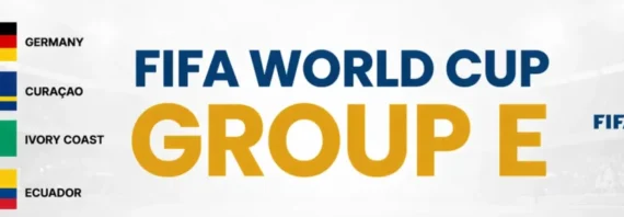 A horizontal FIFA World Cup Group E banner featuring a white stadium background with a faint soccer ball pattern. On the left side, the flags of Germany, Curacao, Ivory Coast and Ecuador are stacked vertically next to their respective country names. The center of the image displays 