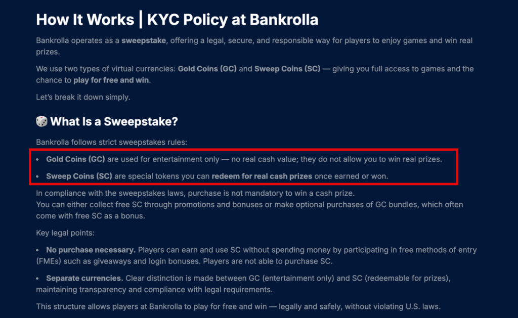 BankRolla &ldquo;How It Works&rdquo; page explaining Gold Coins and Sweeps Coins