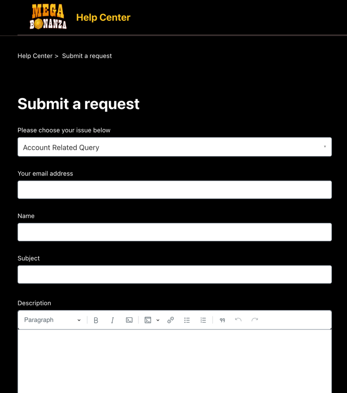 "Submit a request" help option for customer support at Mega Bonanza Casino