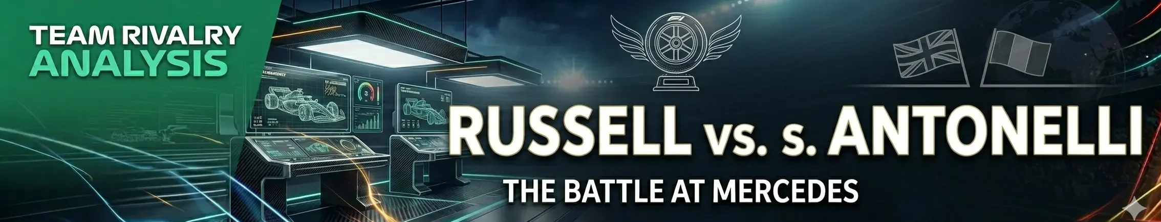 Russell vs Antonelli banner, showing technical team garage in the background