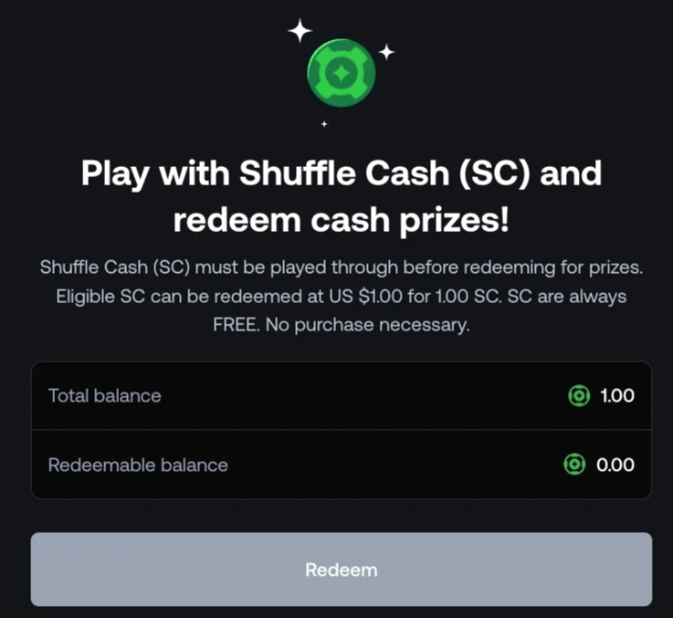 Shuffle Cash balance in Shuffle.us wallet showing redeemable SC