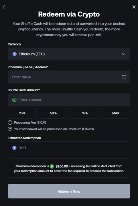 Shuffle.us crypto redemption screen showing wallet address and coin selection