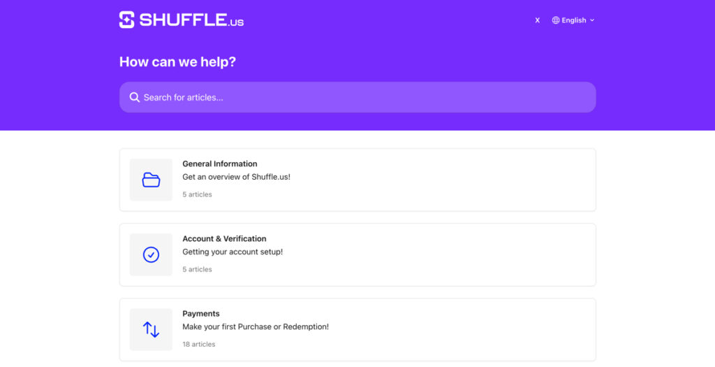 Shuffle.us Help Center showing support articles and FAQs