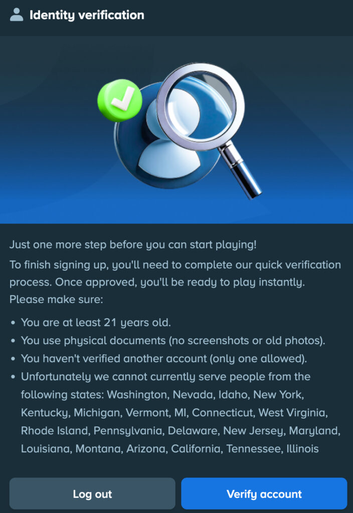 Example of social casino identity verification process before redeeming prizes