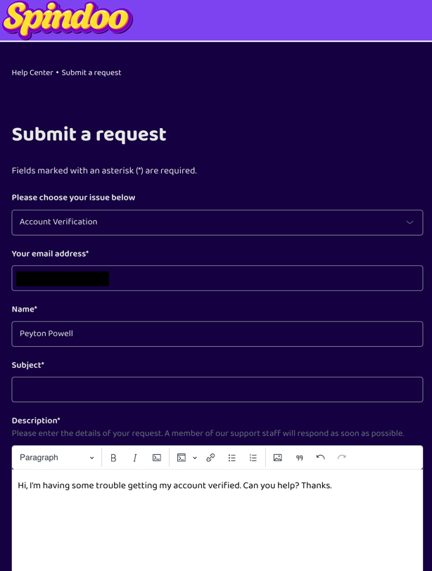 Spindoo customer support &ldquo;Submit a Request&rdquo; form example in the Help Center