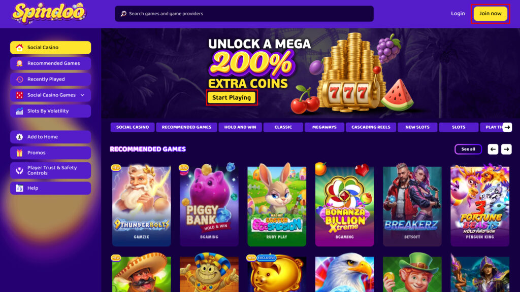 Spindoo website homepage showing sign-up and registration buttons for new players
