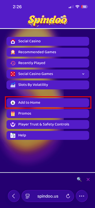 Spindoo Add to Home button showing how to save the site to a phone home screen