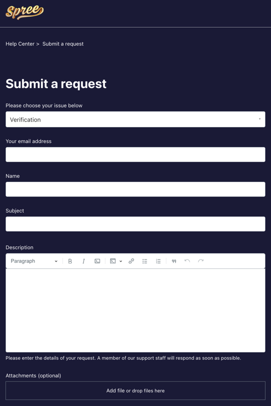 Spree Casino "Submit a Request" option for customer support