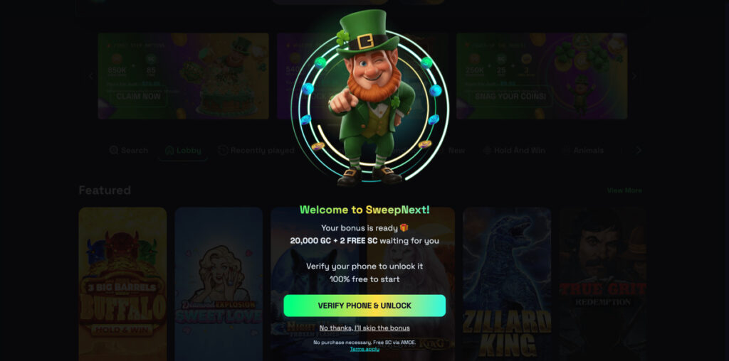 SweepNext no-deposit bonus awarded after creating an account and verifying phone number