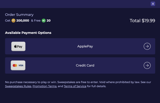 SweepNext payment methods showing Visa, Mastercard, and Apple Pay options
