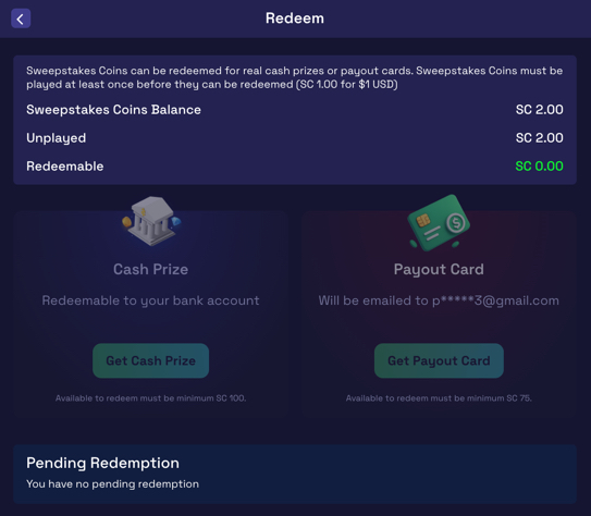 SweepNext prize redemption screen with available payout options
