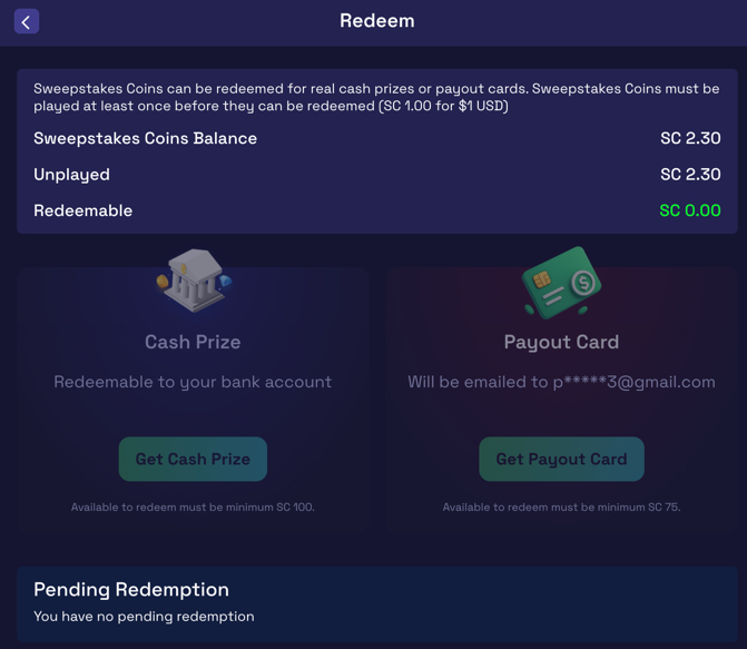 SweepNext redemption methods showing gift card and cash prize options