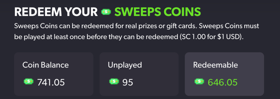 Account balance showing unplayed Sweeps Coins and redeemable Sweeps Coins