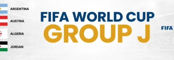A horizontal FIFA World Cup Group J banner featuring a white stadium background with a faint soccer ball pattern. On the left side, the flags of Argentina, Austria, Algeria and Jordan are stacked vertically next to their respective country names. The center of the image displays 